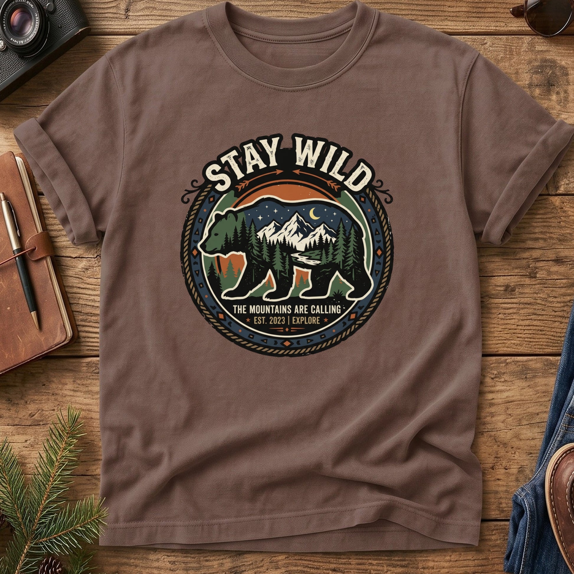 Stay Wild Tee – bear and mountain badge graphic tee, product photo 6