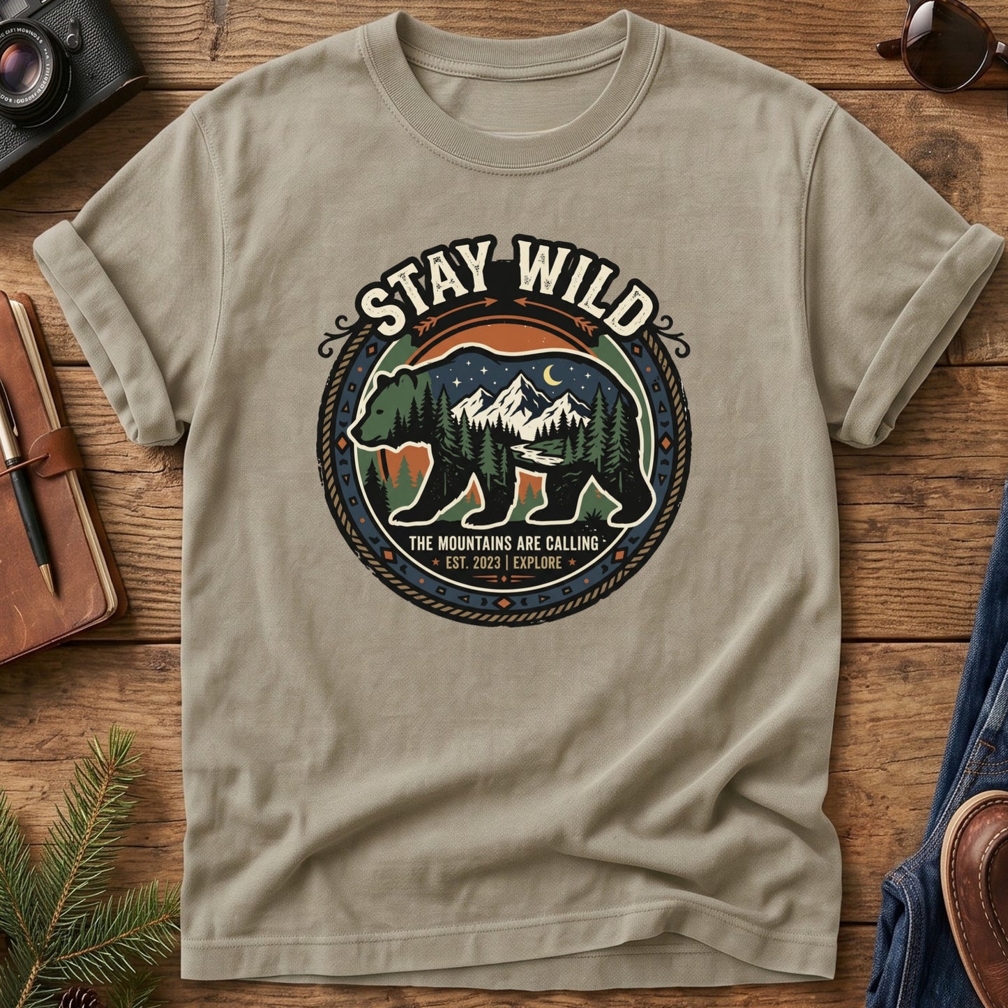 Stay Wild Tee – bear and mountain badge graphic tee, product photo 2