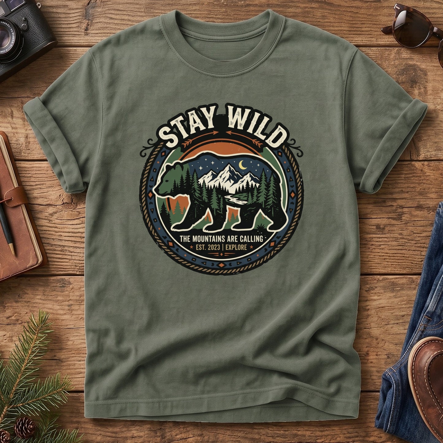 Stay Wild Tee – bear and mountain badge graphic tee, product photo 3