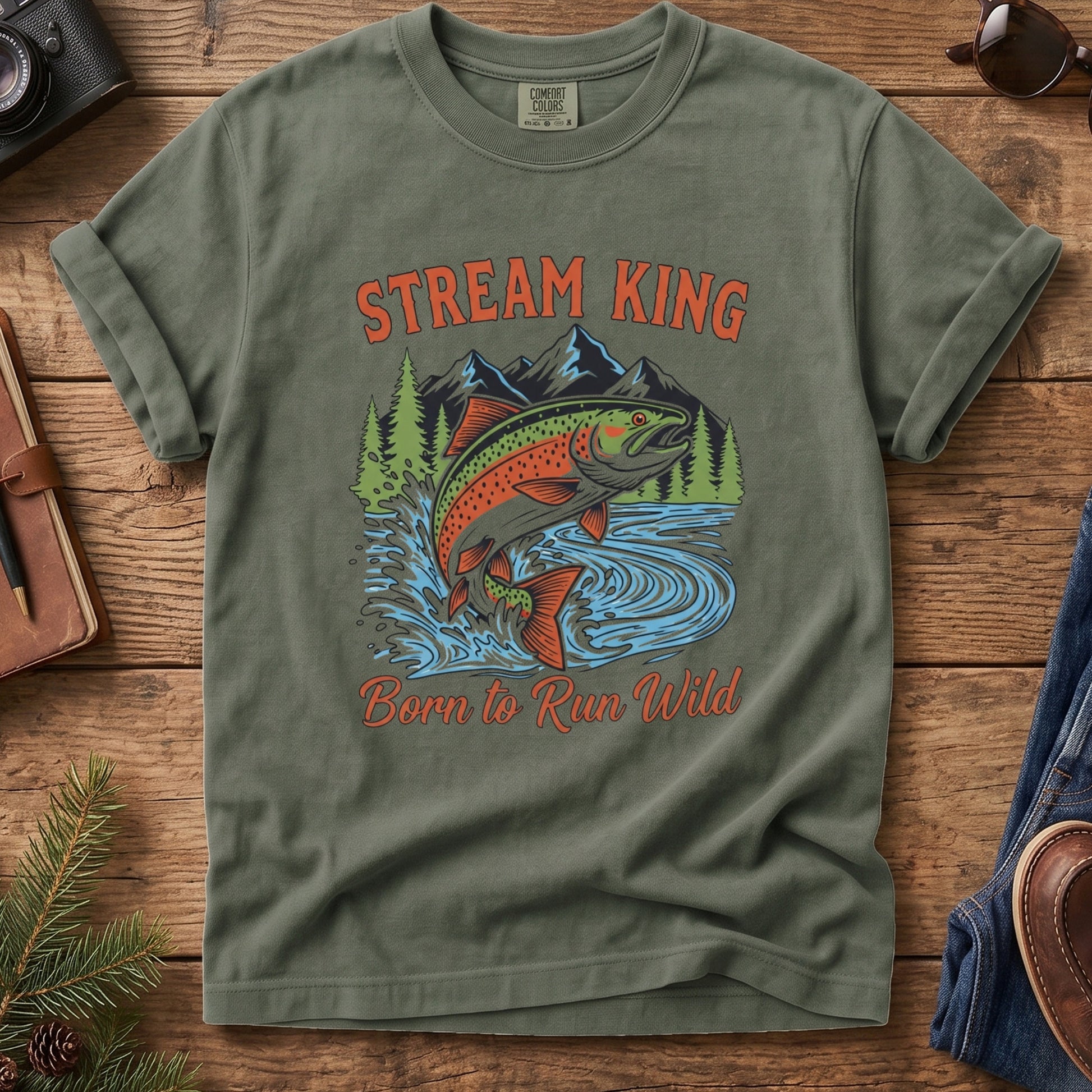 Stream King Fishing Tee – additional angle showing fishing print