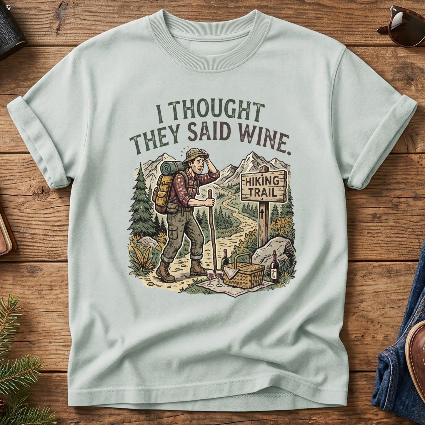 Wine Trail Tee – Bay flat lay, hiking wine graphic