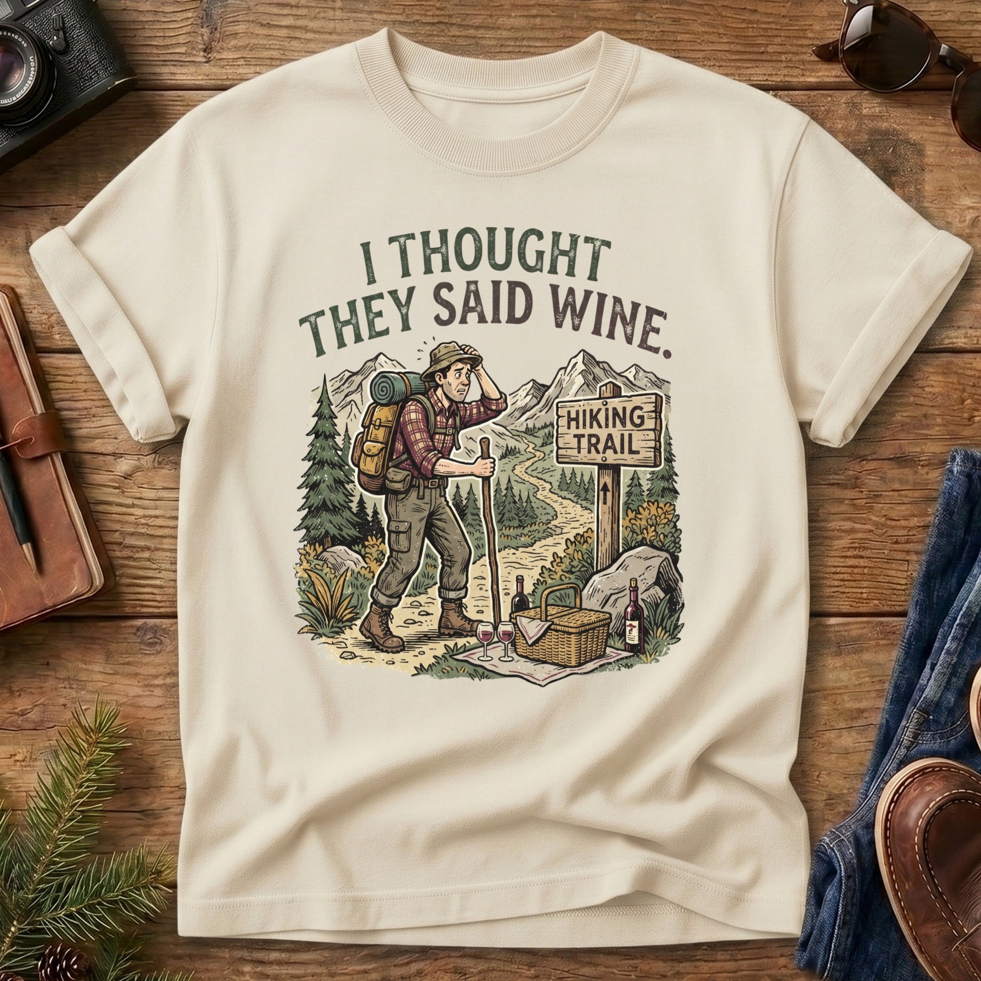 Wine Trail Tee – Ivory flat lay, hiking wine graphic