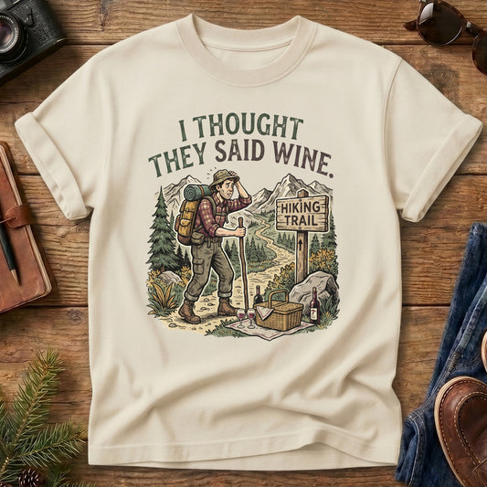 Wine Trail Tee – Ivory flat lay, hiking wine graphic