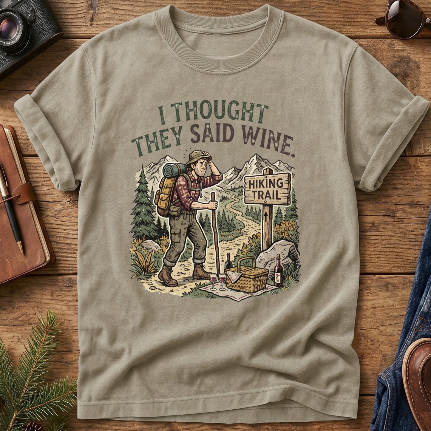 Wine Trail Tee – styled flat lay, hiking wine graphic