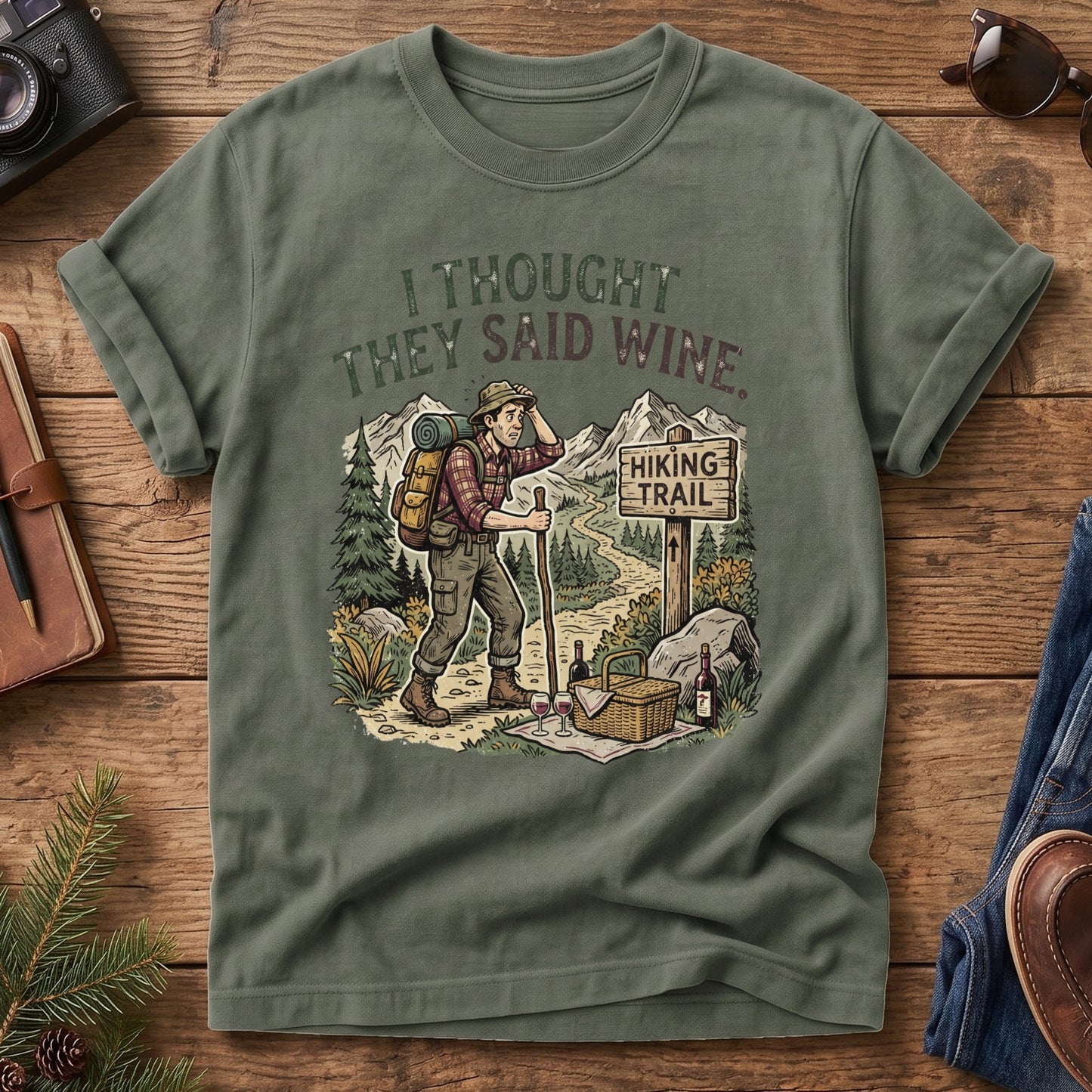Wine Trail Tee – styled flat lay, hiking wine graphic
