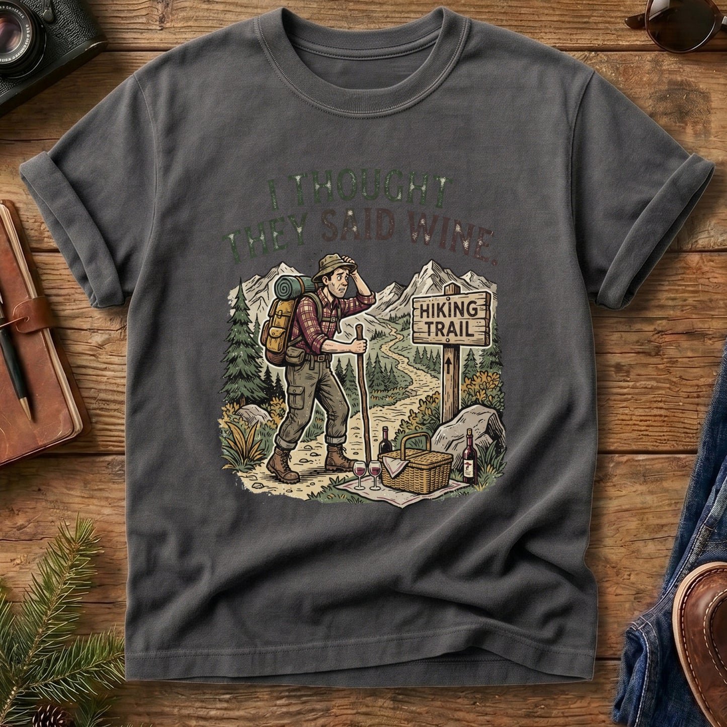 Wine Trail Tee – Grey flat lay, hiking wine graphic