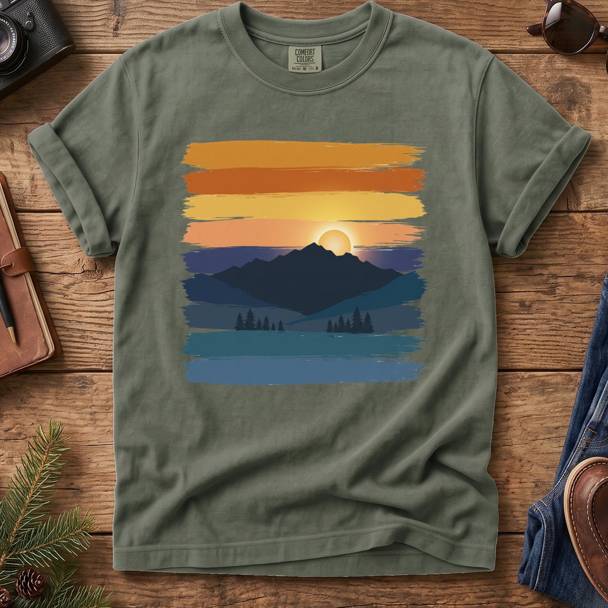 Sunset Lake Reflections Tee – styled outdoor lifestyle photo