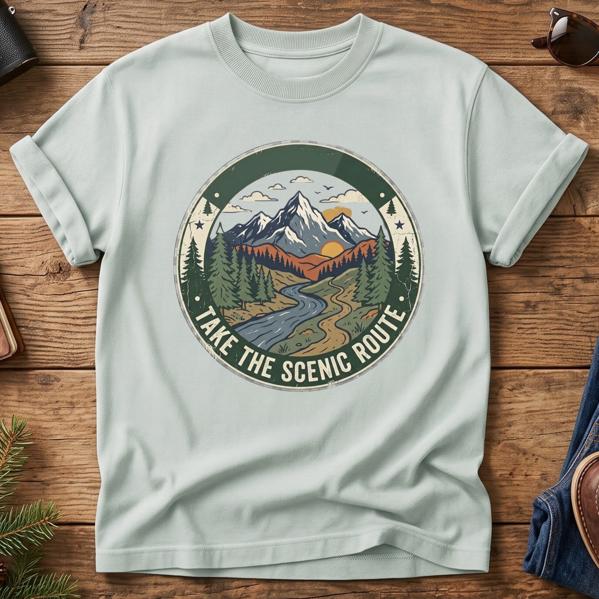 Take The Scenic Route Tee – scenic route road trip graphic on Bay Comfort Colors t-shirt