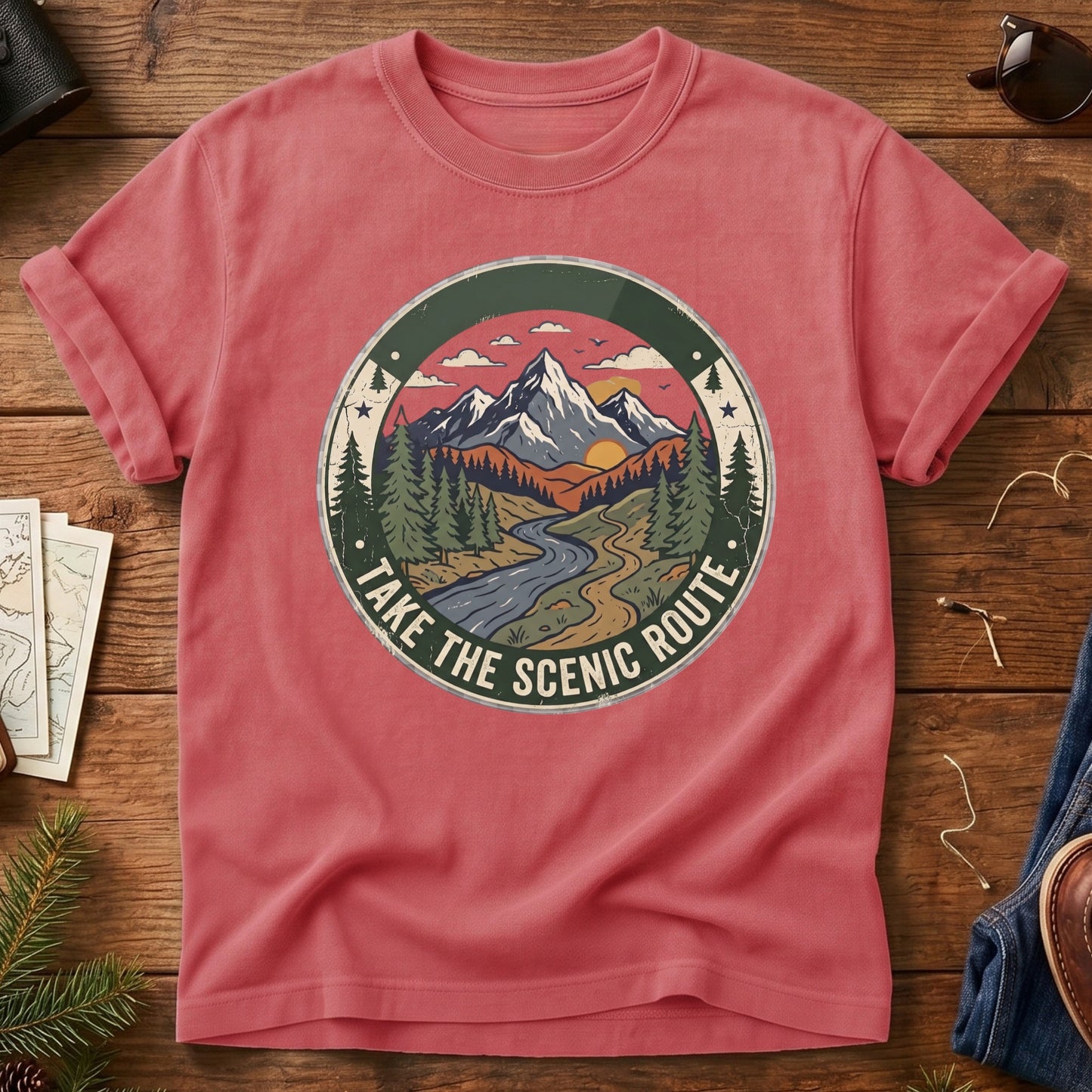 Take The Scenic Route Tee – scenic route road trip graphic on Watermelon Comfort Colors t-shirt