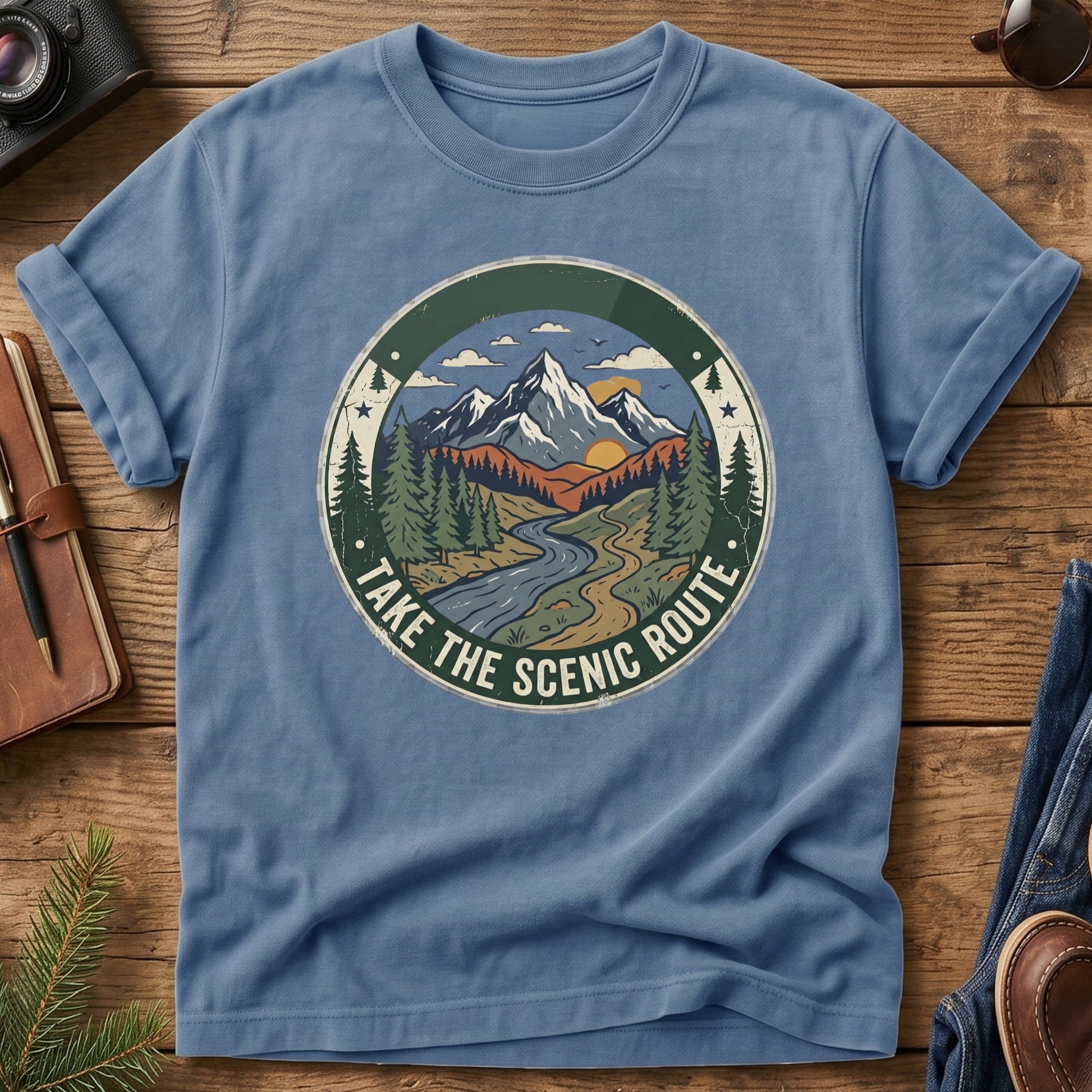 Take The Scenic Route Tee – scenic route road trip graphic on Blue Jean Comfort Colors t-shirt