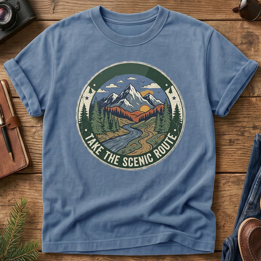 Take The Scenic Route Tee – scenic route road trip graphic on Blue Jean Comfort Colors t-shirt