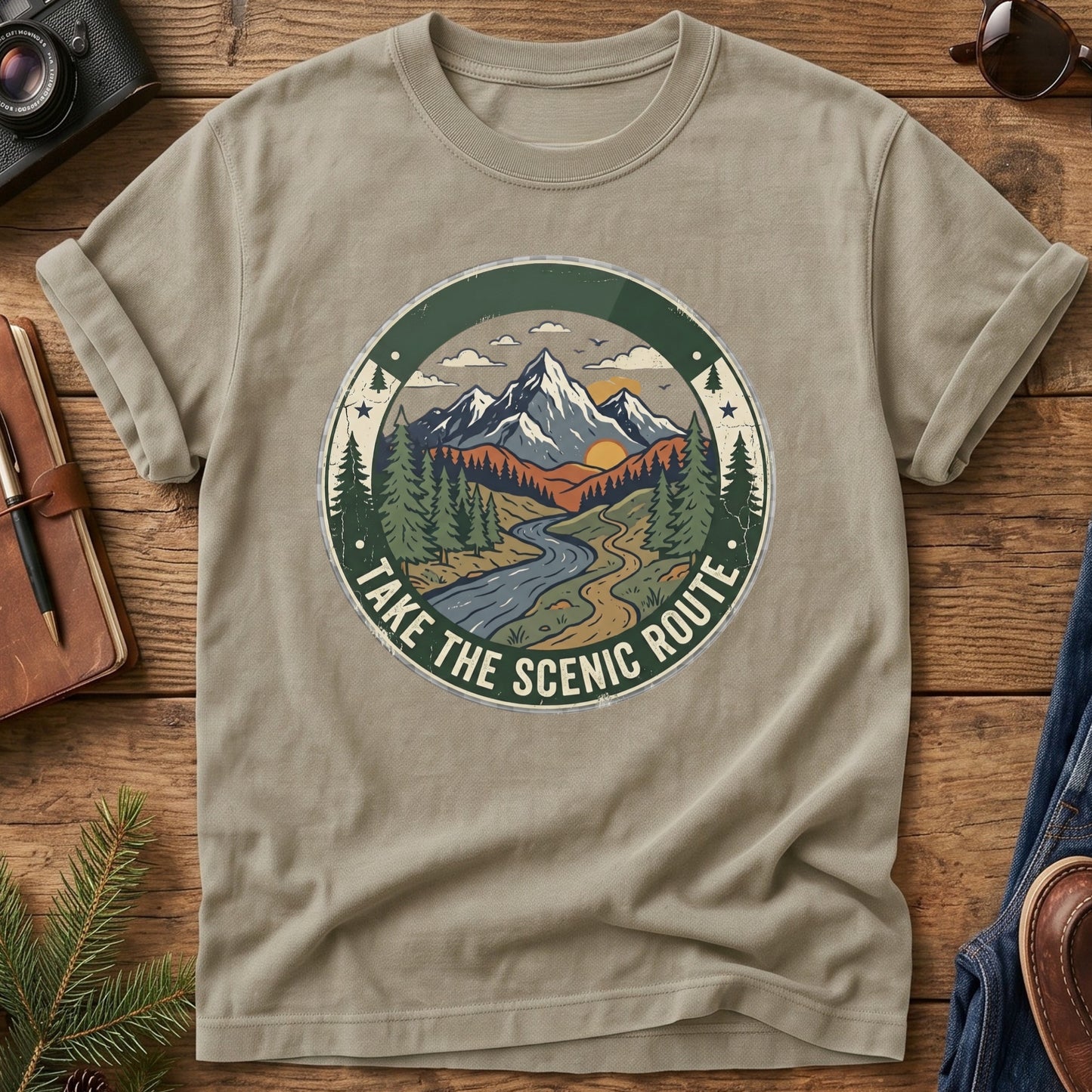 Take The Scenic Route Tee – scenic route road trip graphic on Khaki Comfort Colors t-shirt
