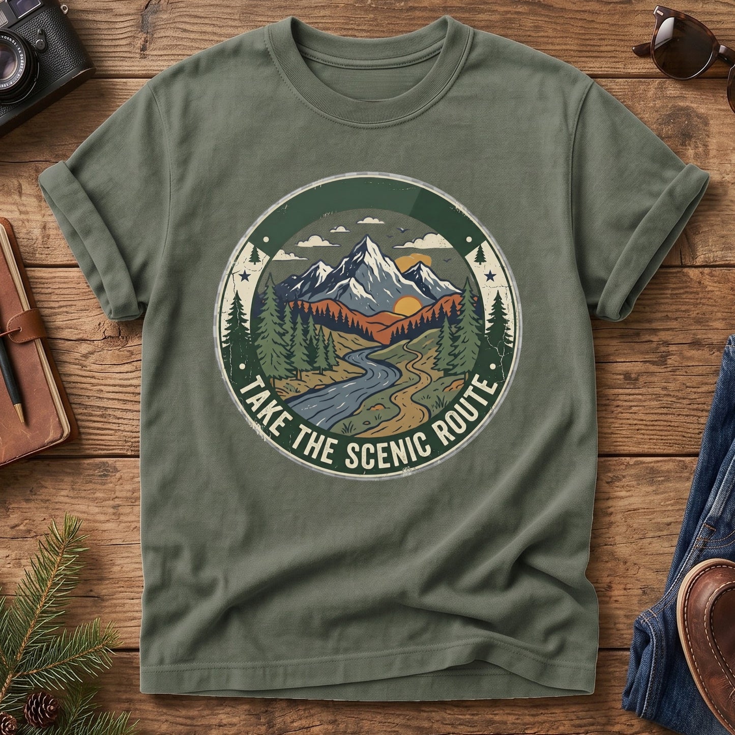Take The Scenic Route Tee – scenic route road trip graphic on Moss Comfort Colors t-shirt