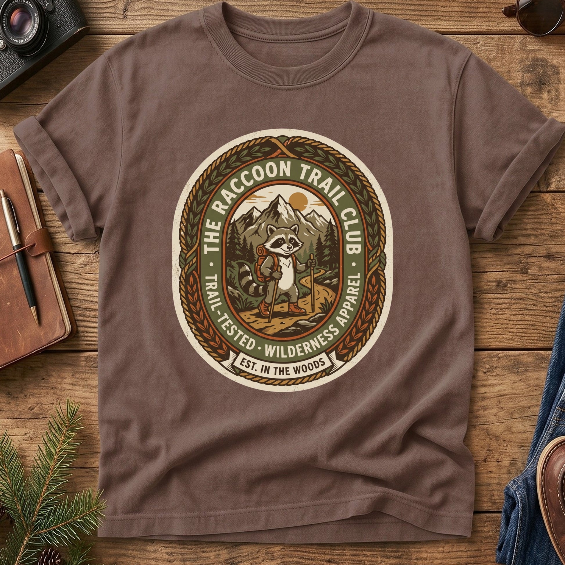The Raccoon Campfire Shirt – lifestyle photo, Softstyle tee