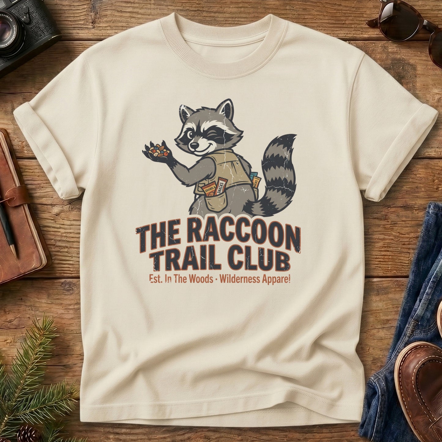The Raccoon Trail Club Snack Vest Raccoon Mascot Tee