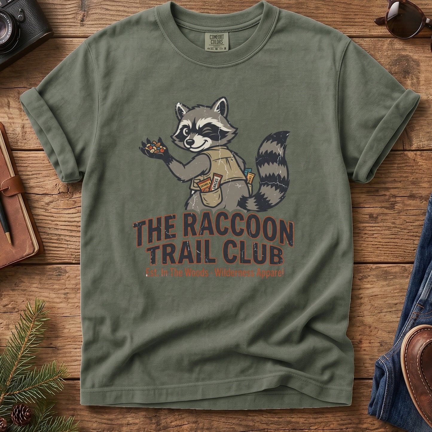 The Raccoon Trail Club Snack Vest Raccoon Mascot Tee