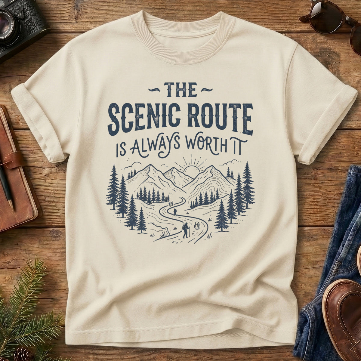 The Scenic Route Is Always Worth It Tee – hiker on winding mountain trail graphic on Comfort Colors 1717 tee, flat lay