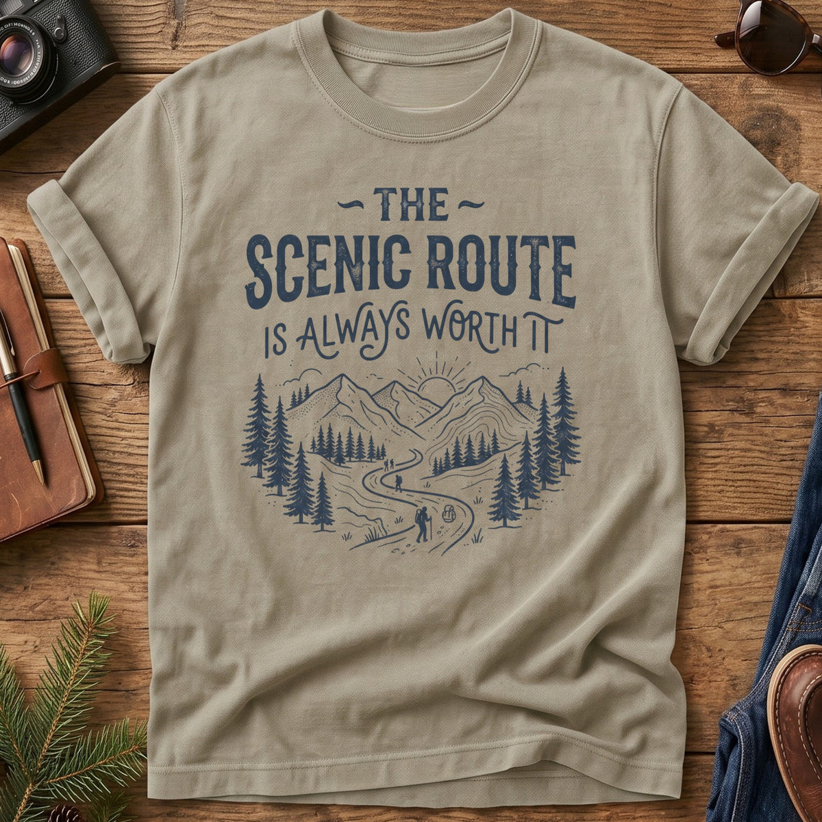 The Scenic Route Is Always Worth It Tee – hiker on winding mountain trail graphic on Comfort Colors 1717 tee, flat lay