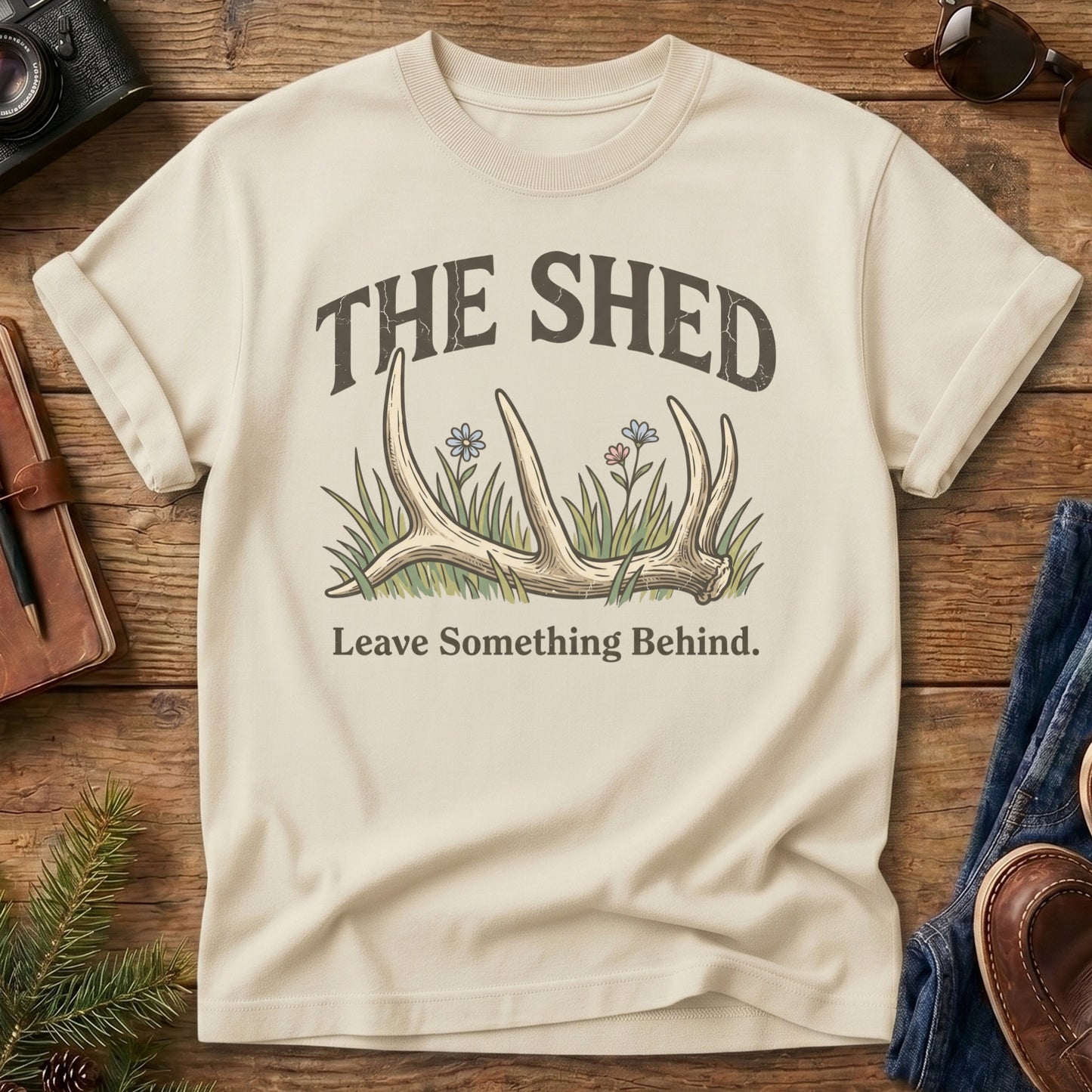 The Shed Hunter Tee – shed antler and wildflower graphic tee, product photo 3