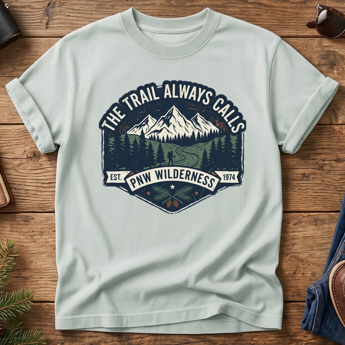 The Trail Always Calls Tee in Bay — vintage mountain badge design