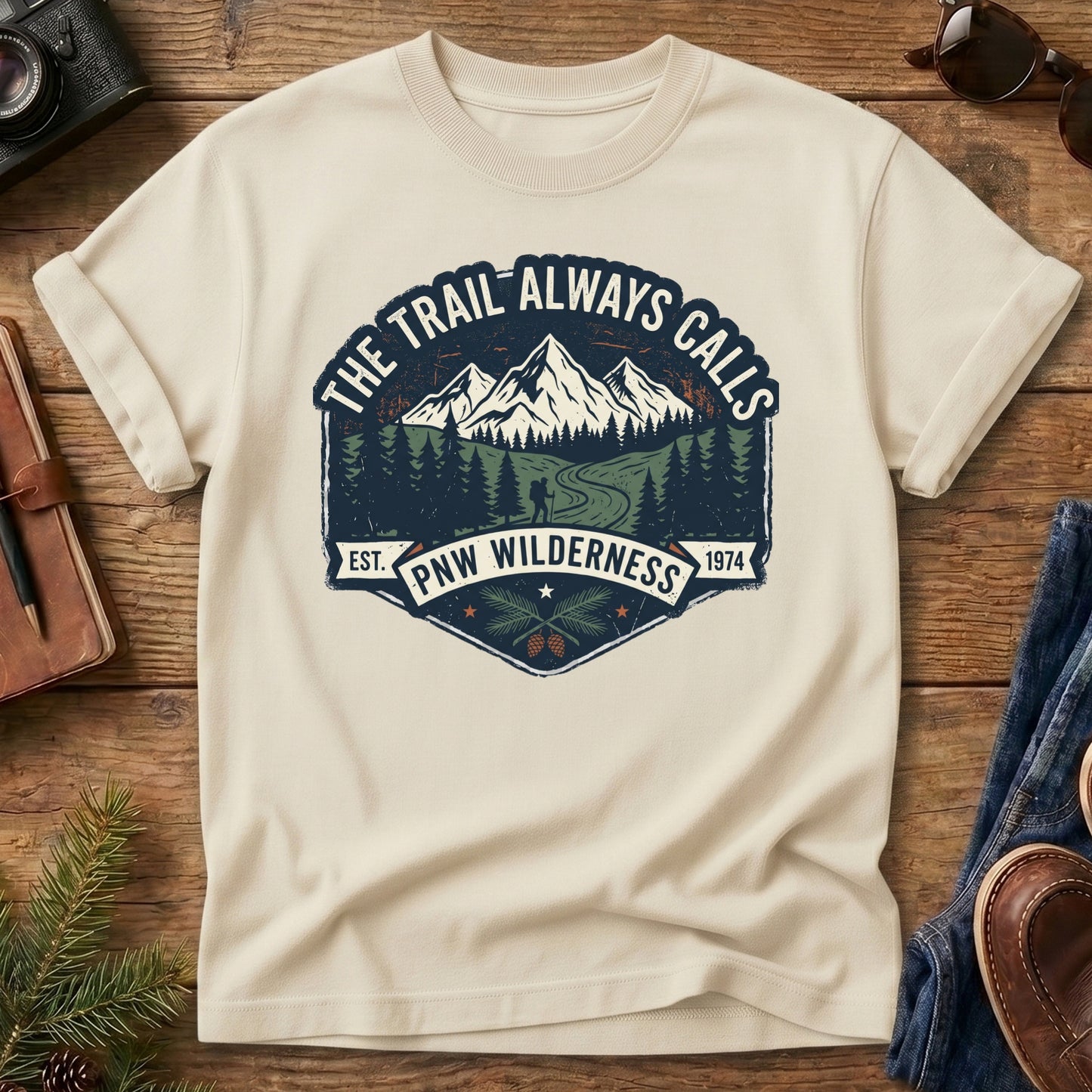 The Trail Always Calls Tee in Ivory — vintage mountain badge design