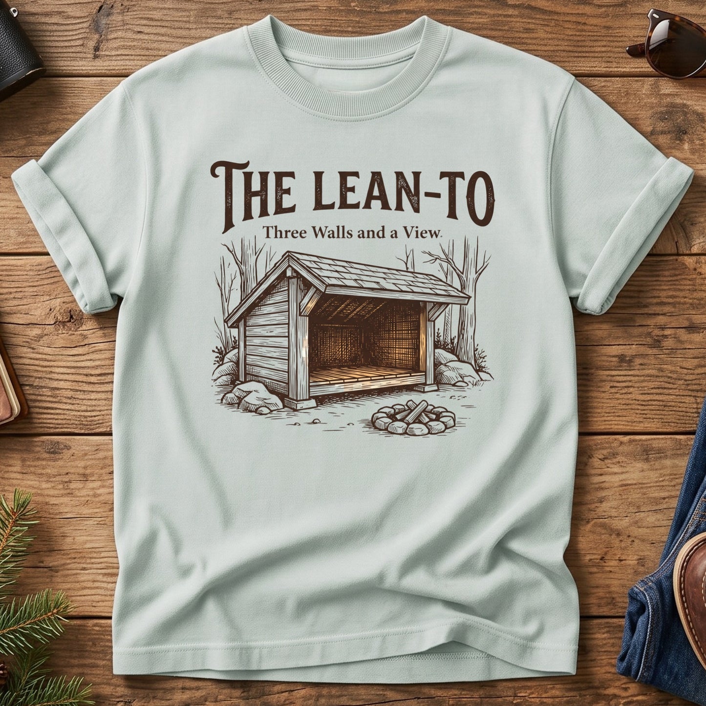 Three Walls and a View Tee – backcountry lean-to shelter graphic tee, product photo 1