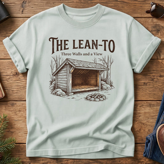 Three Walls and a View Tee – backcountry lean-to shelter graphic tee, product photo 1