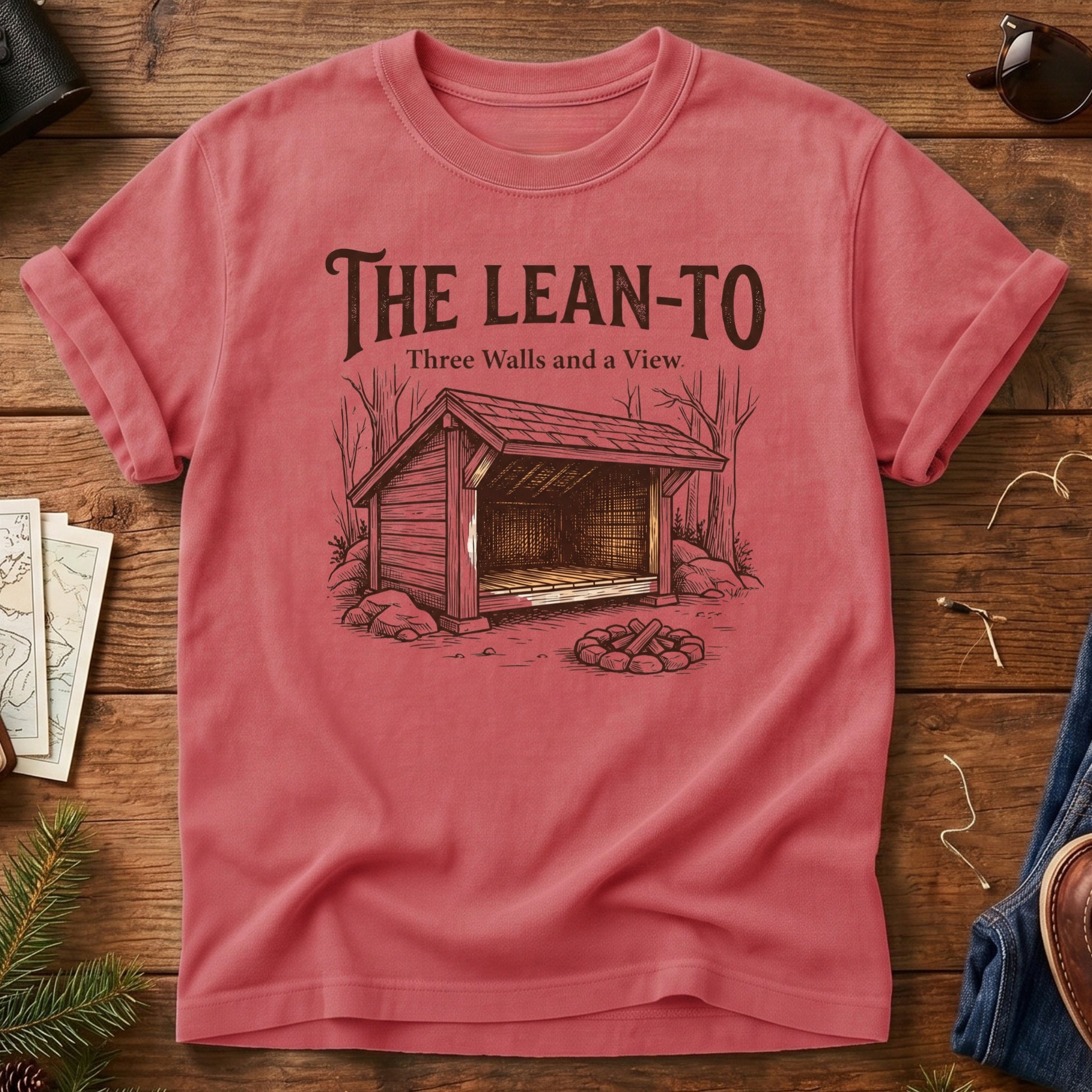 Three Walls and a View Tee – backcountry lean-to shelter graphic tee, product photo 5