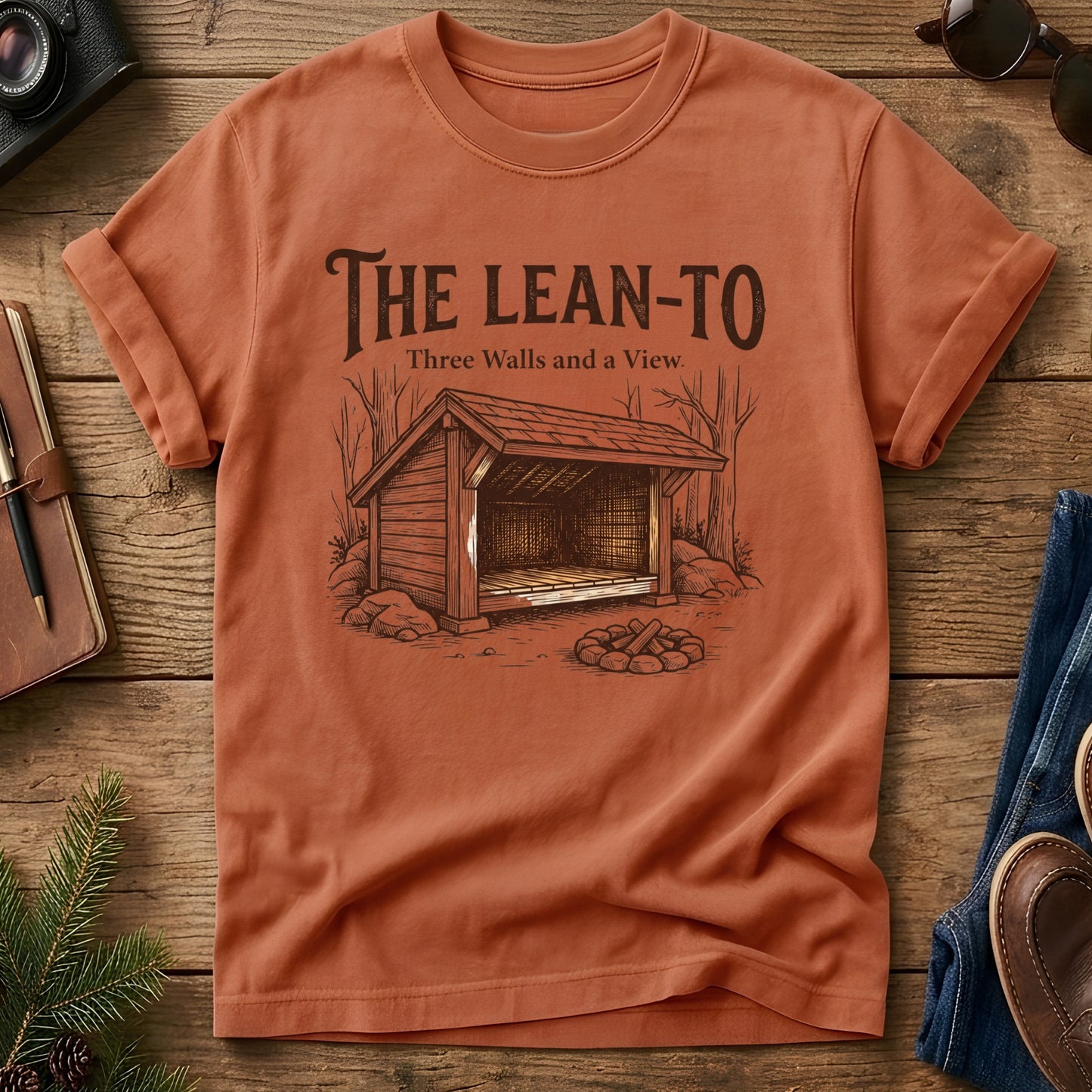 Three Walls and a View Tee – backcountry lean-to shelter graphic tee, product photo 6