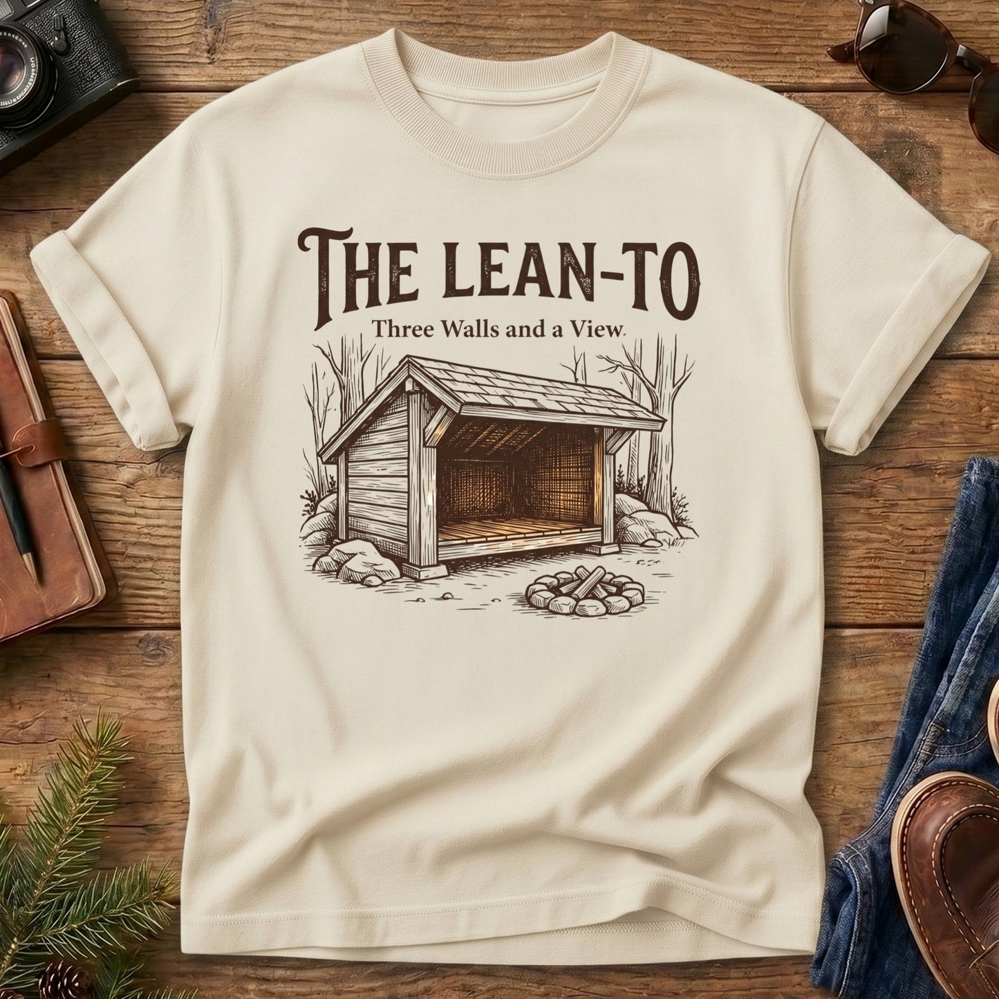 Three Walls and a View Tee – backcountry lean-to shelter graphic tee, product photo 2