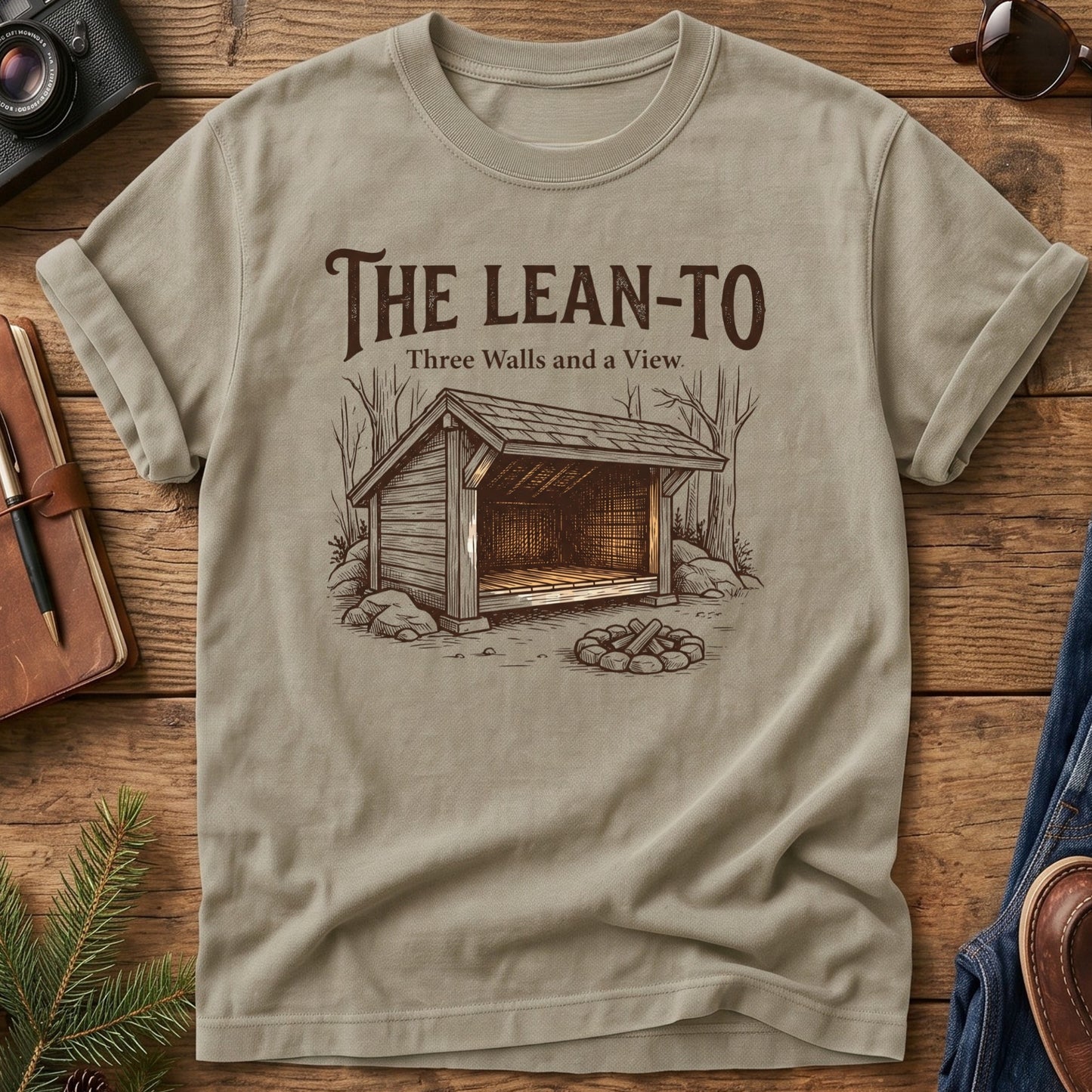 Three Walls and a View Tee – backcountry lean-to shelter graphic tee, product photo 3