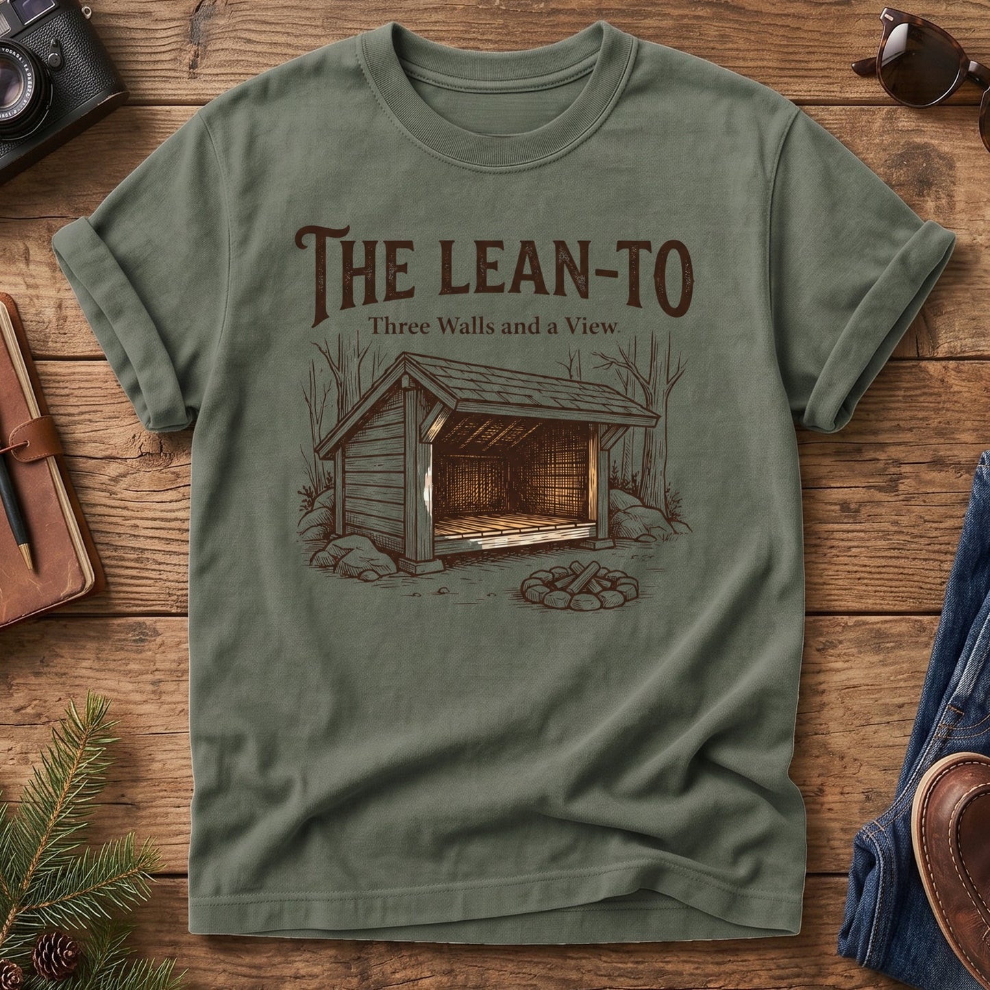 Three Walls and a View Tee – backcountry lean-to shelter graphic tee, product photo 4