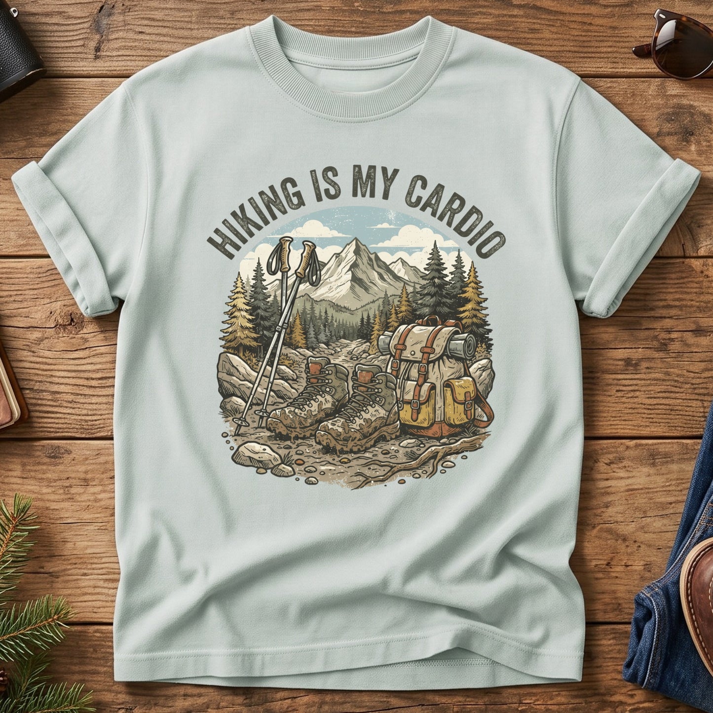 Hiking Cardio Tee – Ivory flat lay, hiking gear graphic