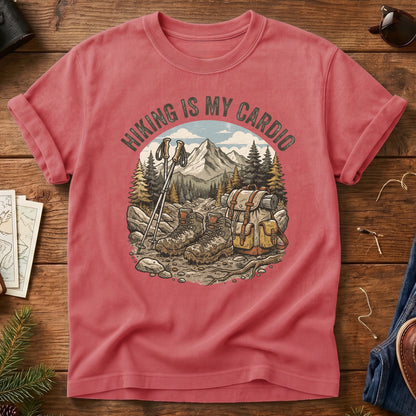 Hiking Cardio Tee – styled flat lay, hiking gear graphic