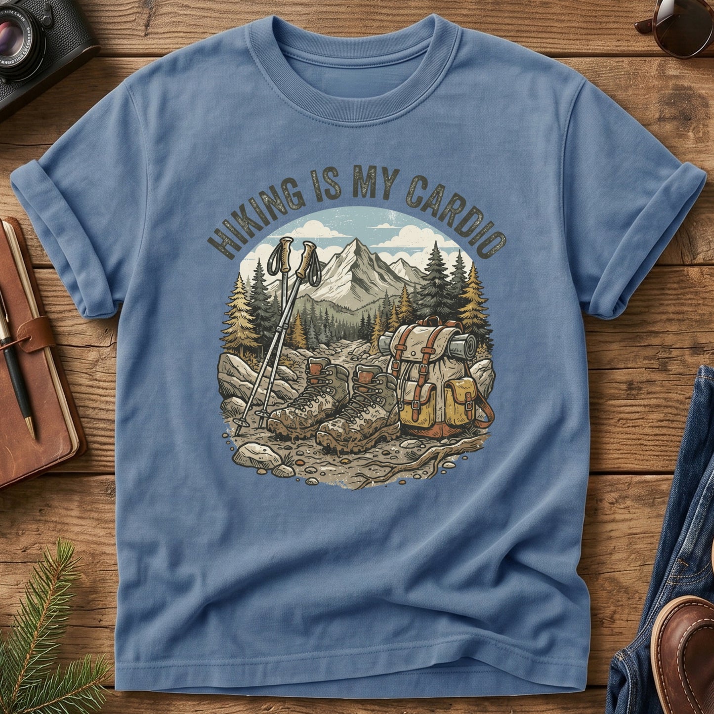 Hiking Cardio Tee – Bay flat lay, hiking gear graphic