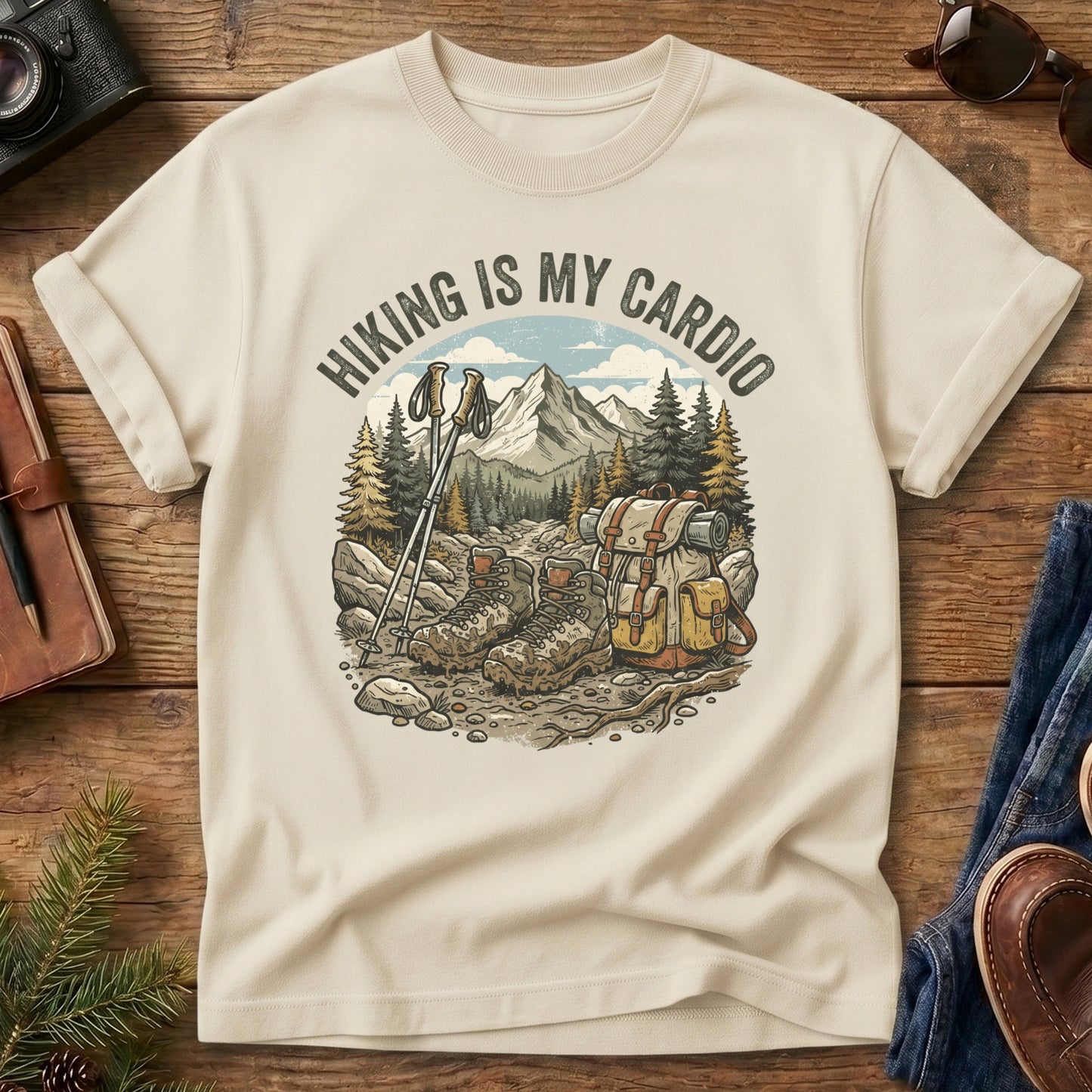 Hiking Cardio Tee – styled flat lay, hiking gear graphic