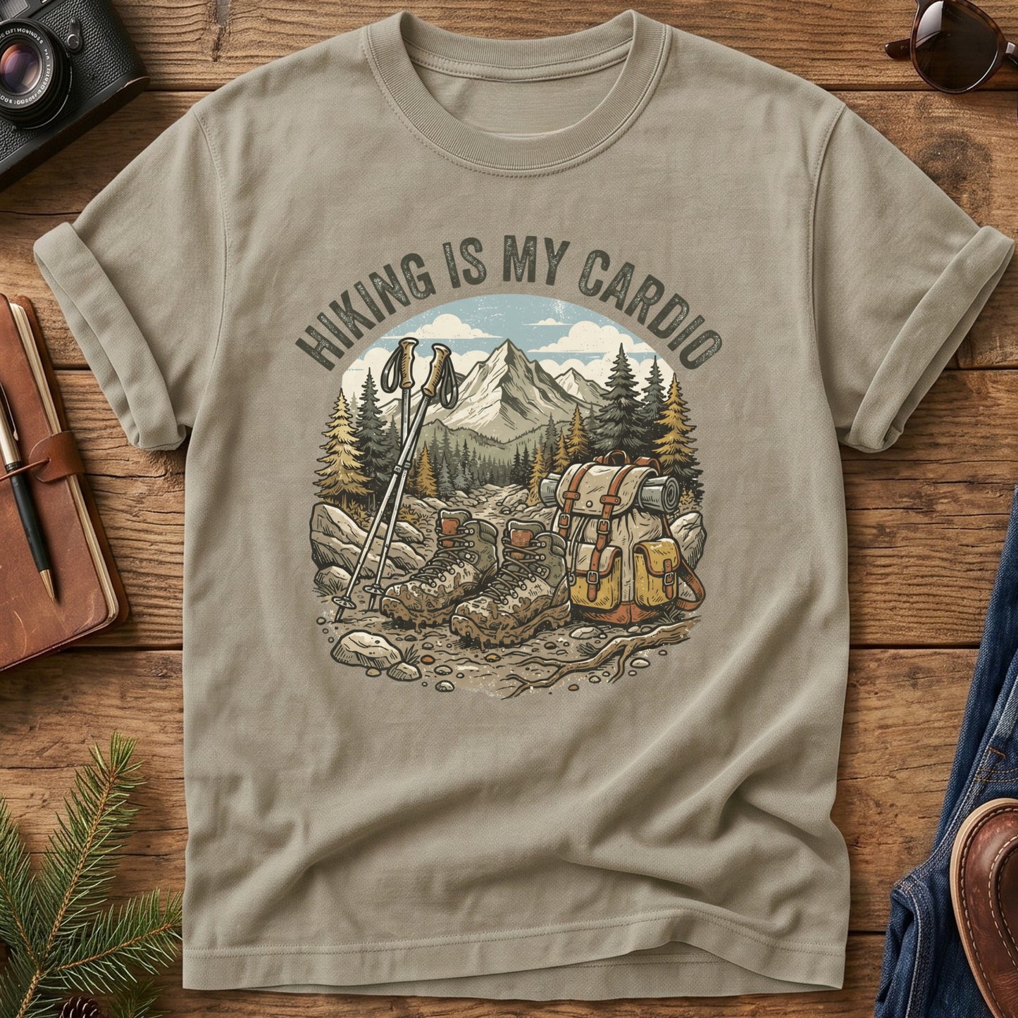 Hiking Cardio Tee – styled flat lay, hiking gear graphic