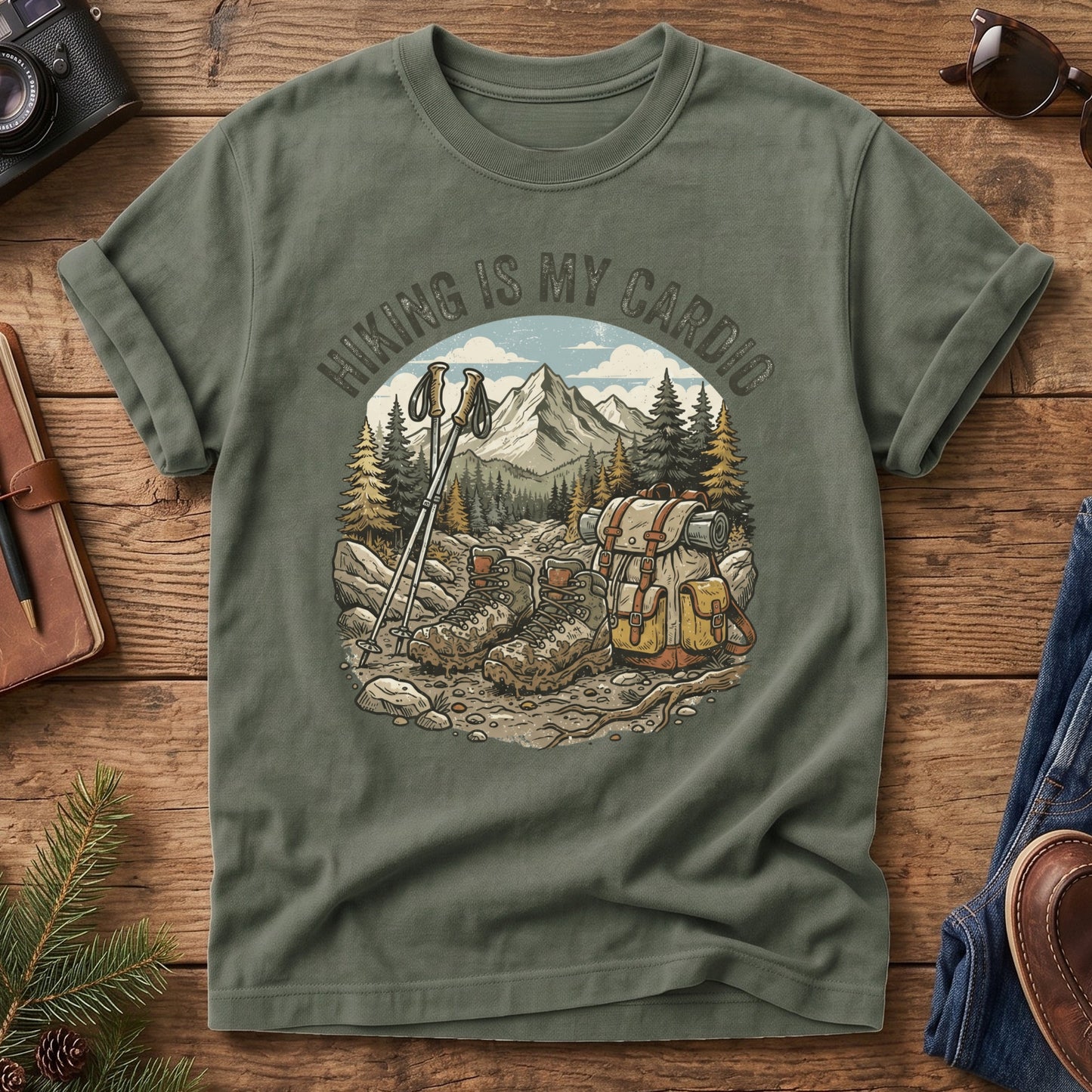 Hiking Cardio Tee – styled flat lay, hiking gear graphic