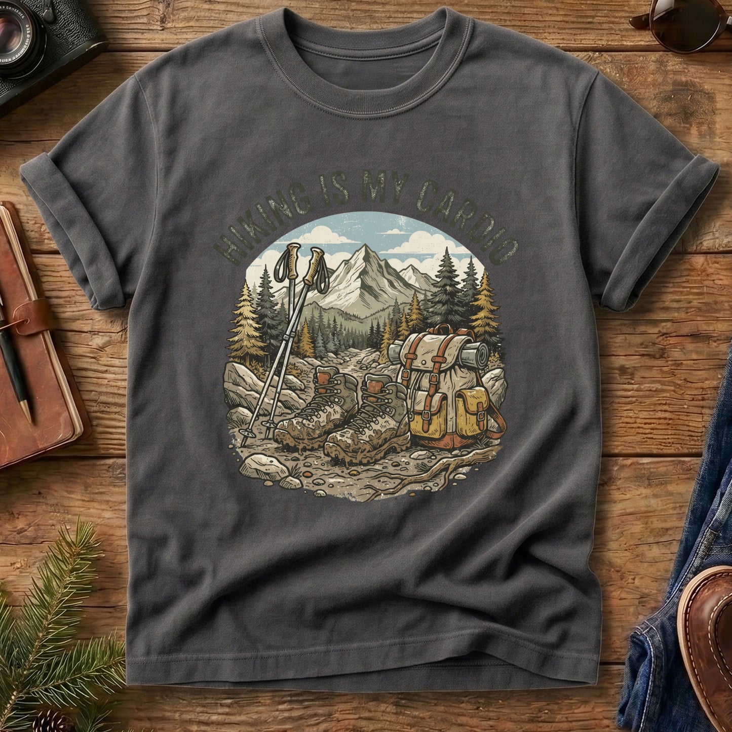 Hiking Cardio Tee – Grey flat lay, hiking gear graphic