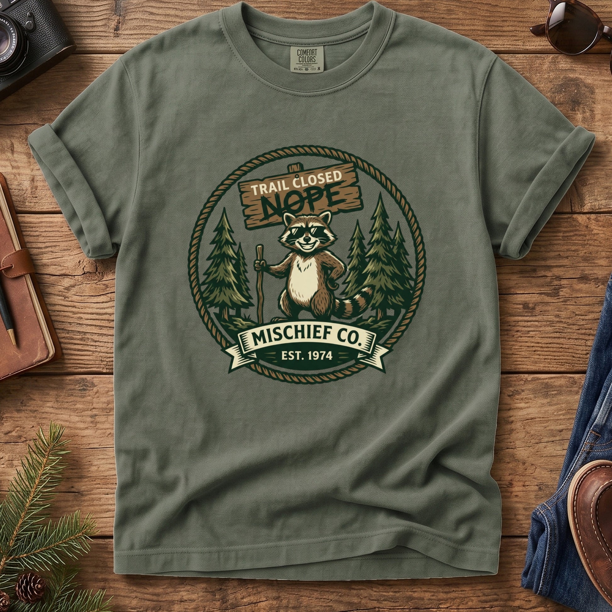 Trail Closed, Nope – Raccoon Tee – styled outdoor lifestyle photo