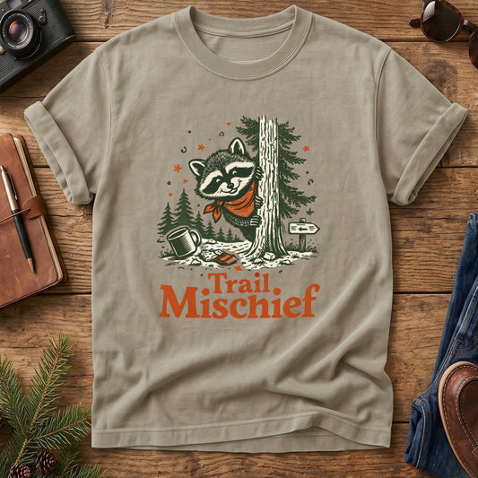 Trail Mischief Raccoon Tee – close-up of trail mischief artwork