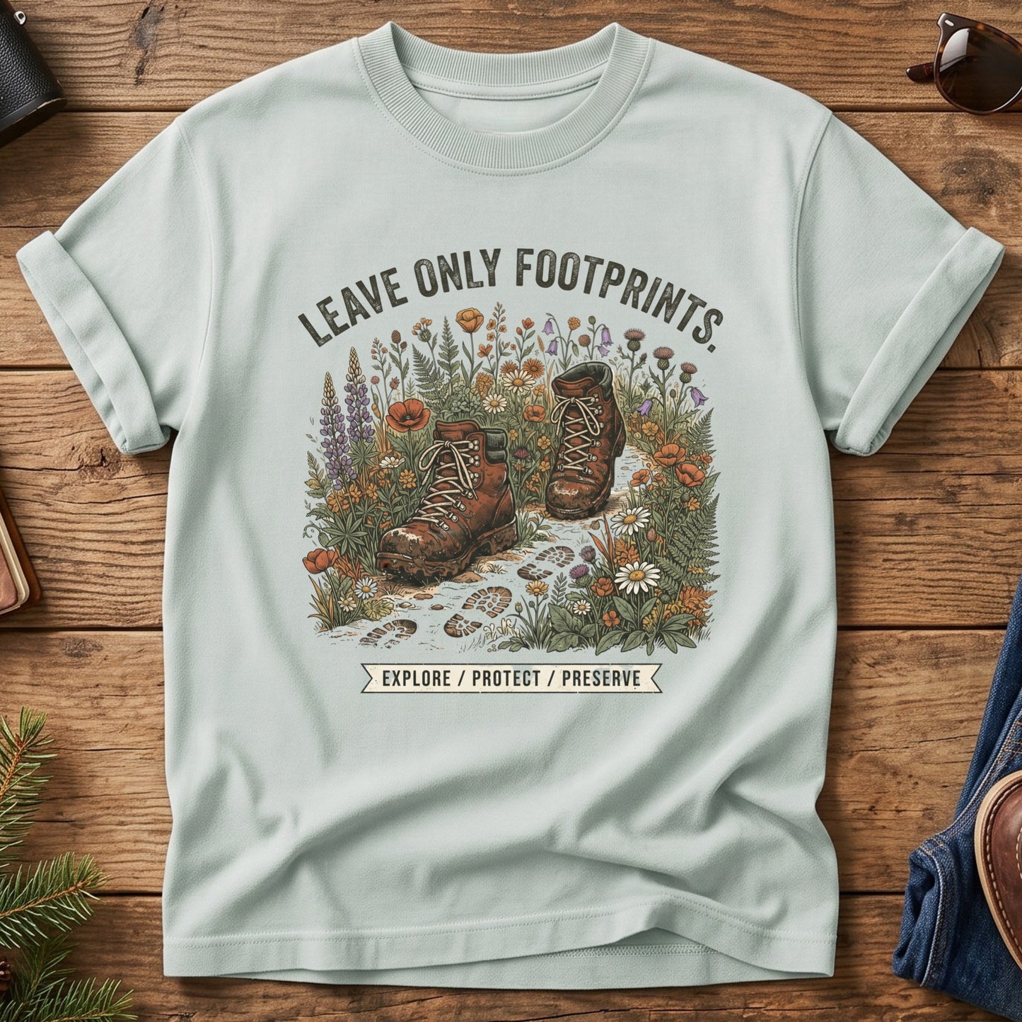 Leave No Trace Tee – Bay flat lay, hiking boots wildflower graphic