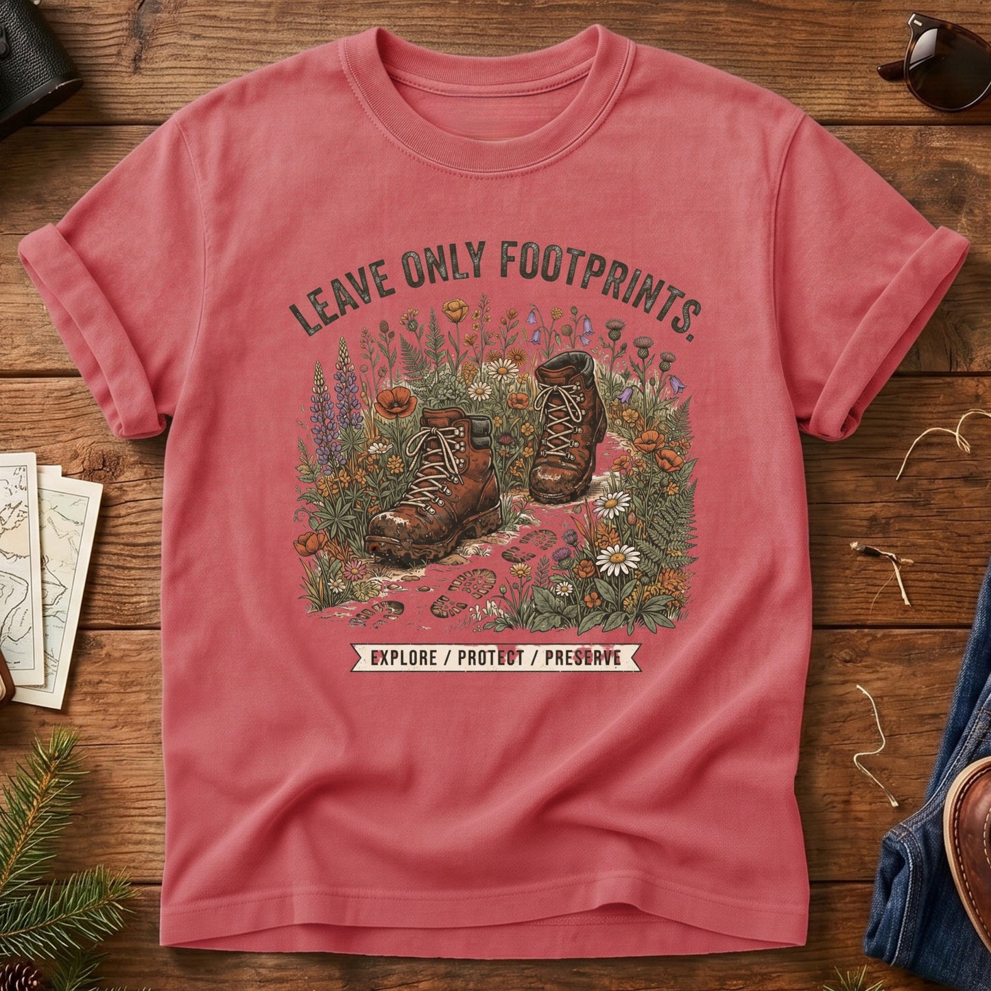 Leave No Trace Tee – styled flat lay, hiking boots wildflower graphic