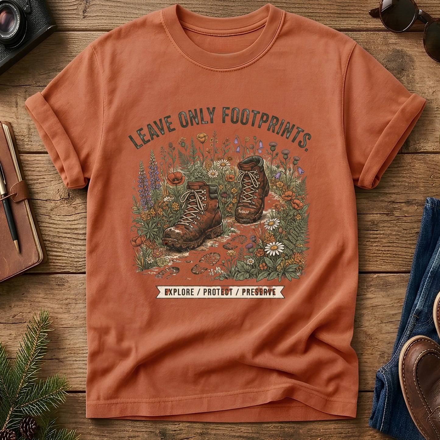 Leave No Trace Tee – styled flat lay, hiking boots wildflower graphic