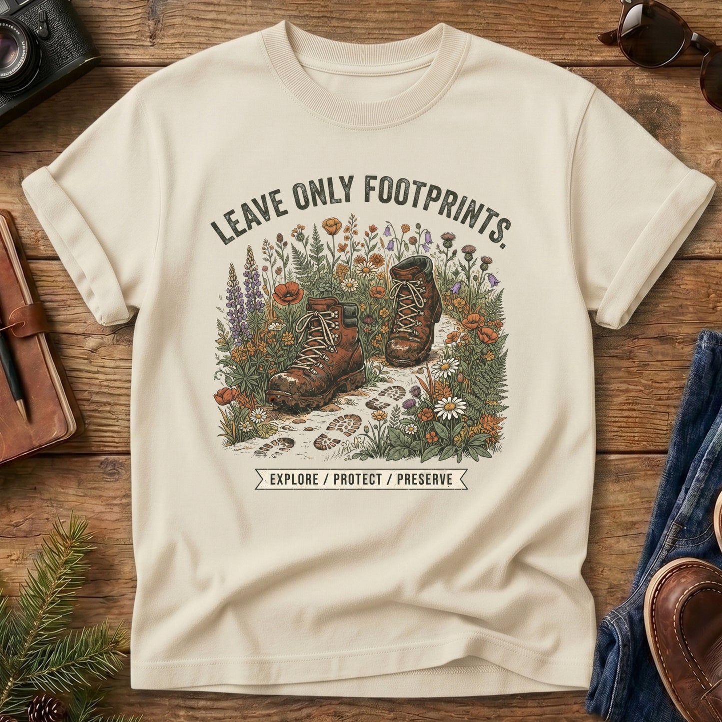Leave No Trace Tee – Ivory flat lay, hiking boots wildflower graphic