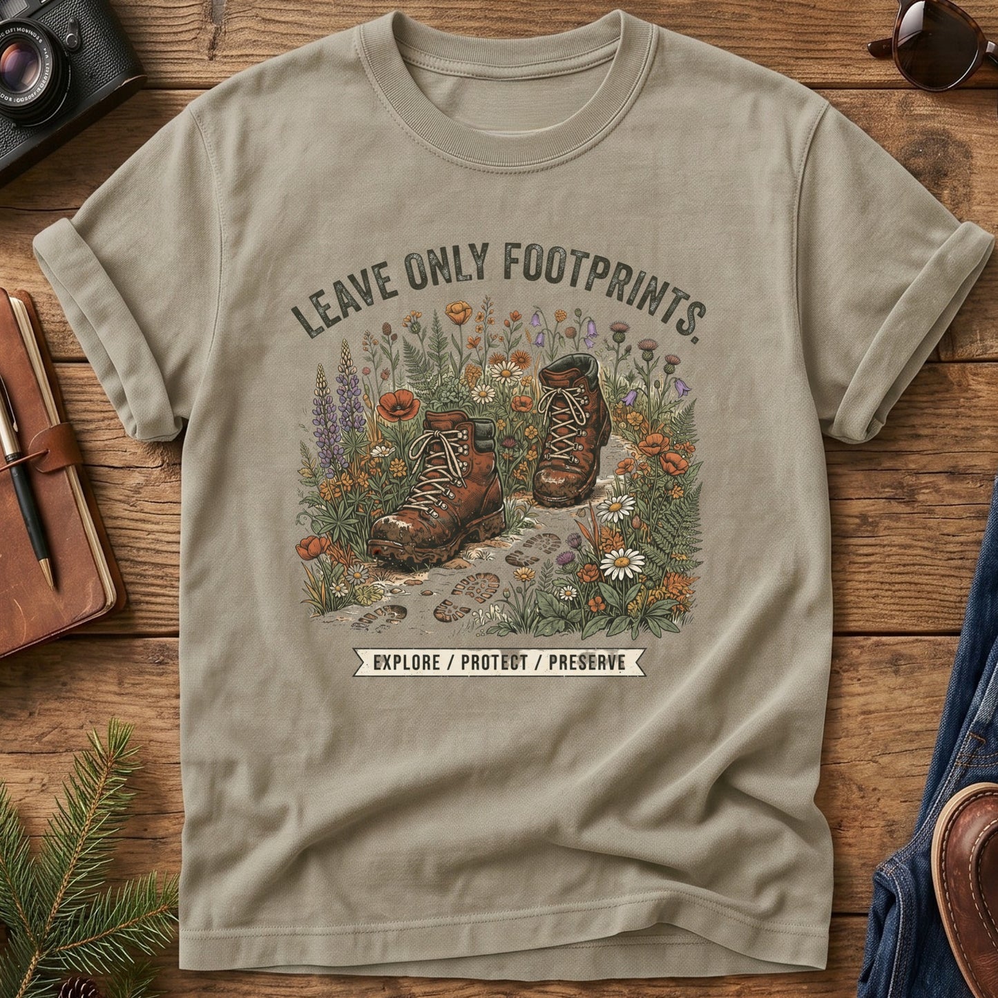 Leave No Trace Tee – Khaki flat lay, hiking boots wildflower graphic