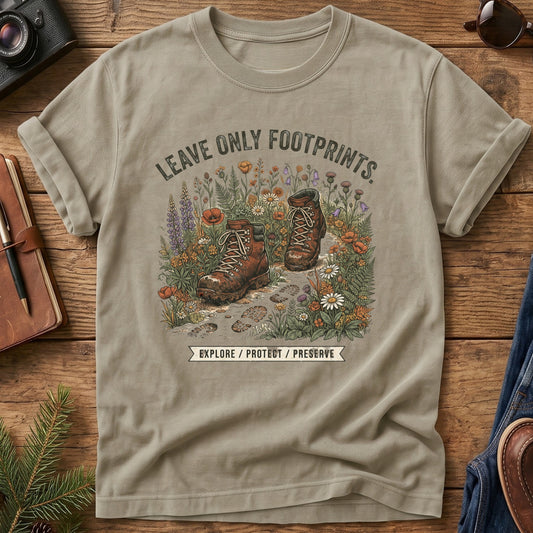 Leave No Trace Tee – Khaki flat lay, hiking boots wildflower graphic