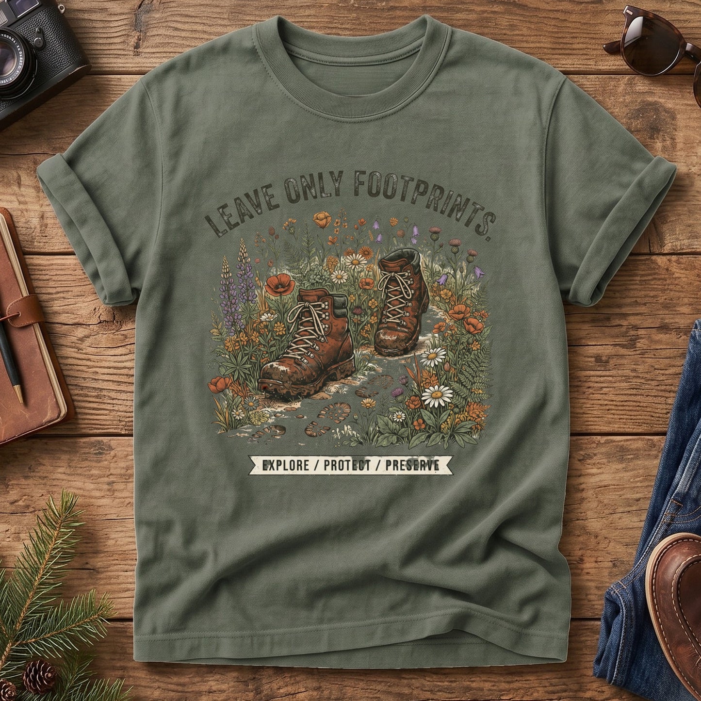 Leave No Trace Tee – styled flat lay, hiking boots wildflower graphic