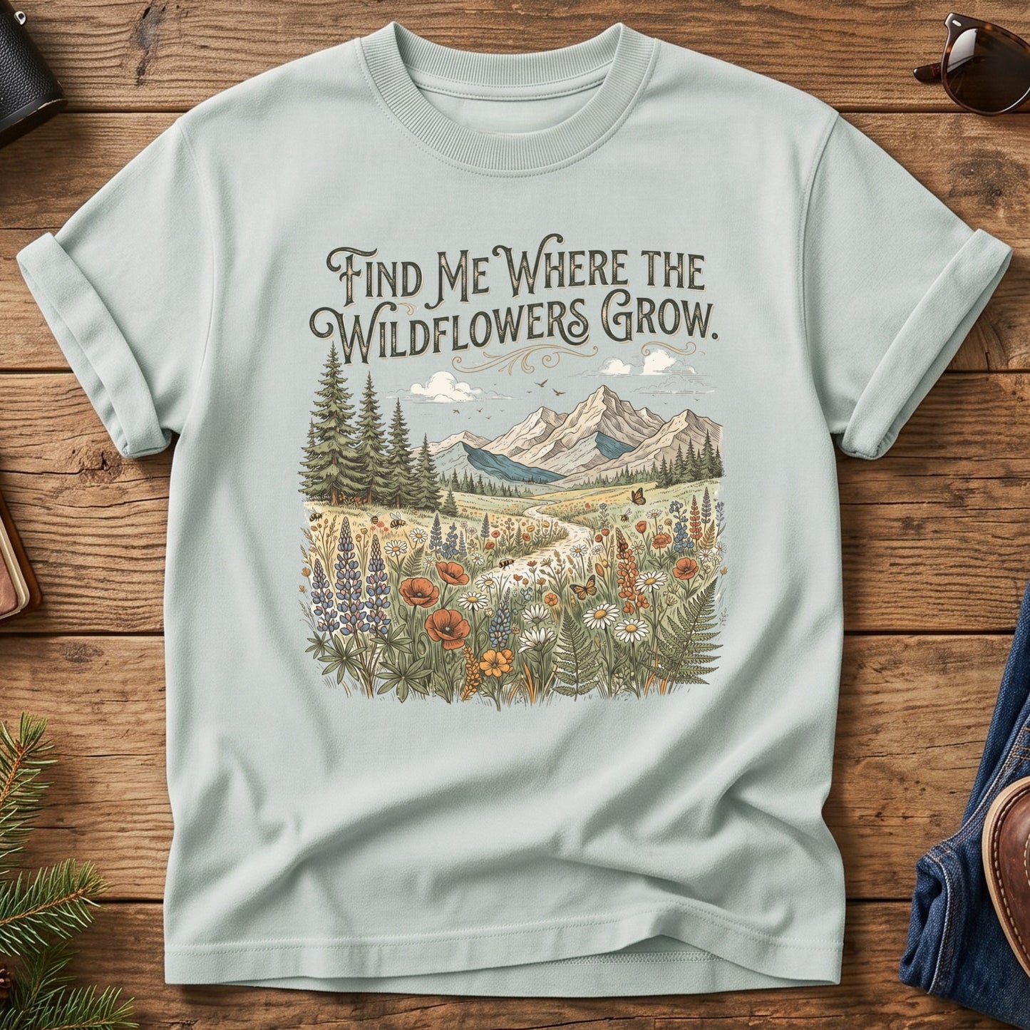 Wildflower Trail Tee – wildflower meadow trail graphic with Find Me Where the Wildflowers Grow text on Comfort Colors 1717 tee, flat lay