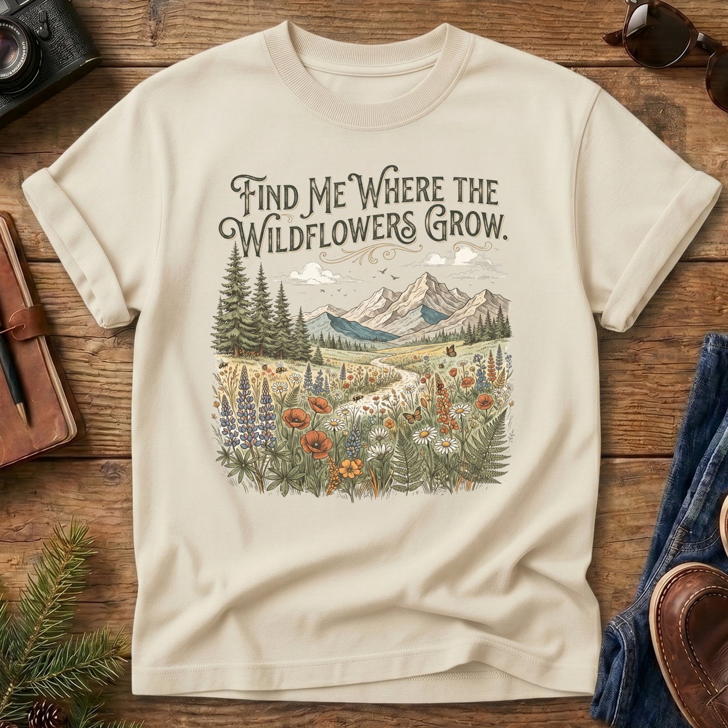Wildflower Trail Tee – wildflower meadow trail graphic close-up on Comfort Colors 1717 tee